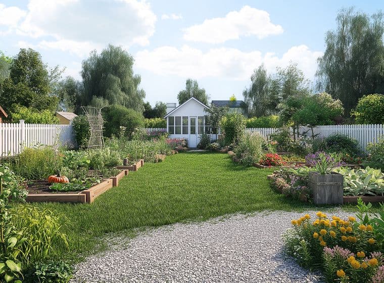 Lush garden with a white fence, gravel path, raised beds, and a small greenhouse under a blue sky with fluffy clouds.