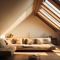 Ein modernes Wohnzimmer im Dachgeschoss mit einem großen beigen Sofa, Holzfußboden und eingebauten Bücherregalen. Das Sonnenlicht strömt durch schräge Oberlichter und schafft eine warme und einladende Atmosphäre.