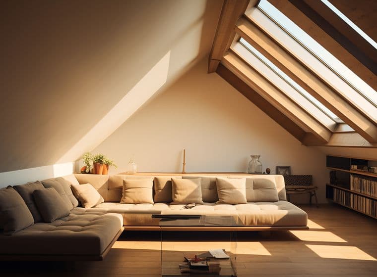 Attic living room with a beige sectional sofa, glass table, and wooden bookshelves under a large skylight.