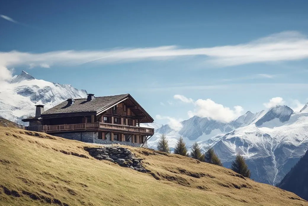 A wooden chalet with a stone base sits on a grassy hill, with snow-capped mountains in the background under a blue sky.