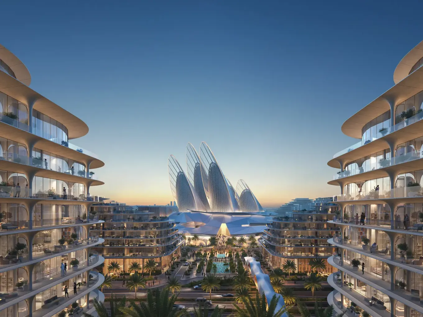 Futuristic architecture and high-rise buildings with glass facades at sunset, featuring a sculptural landmark in the background.