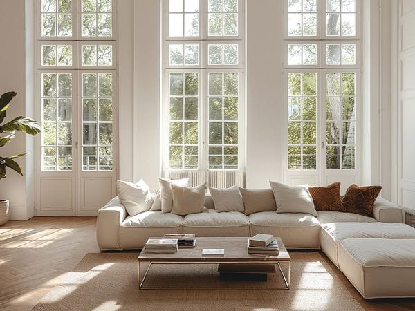 Helles Wohnzimmer mit großen Fenstern und stilvoller Couch – Beispielbild für Immobilien in Würzburg im Rahmen des Tippgeberprogramms