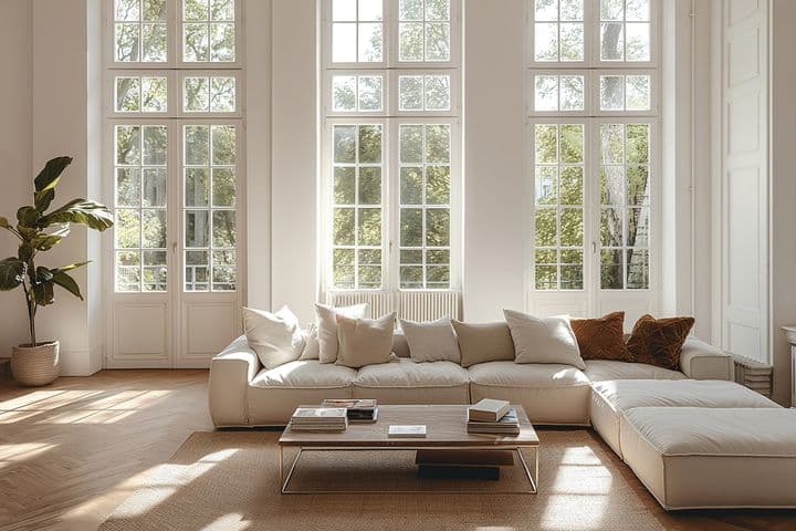 Elegant living room featuring tall French windows, a cream L-shaped sectional sofa, herringbone wooden flooring, white walls, decorative radiators, and natural sunlight casting geometric shadows across the room, with a potted fiddle leaf fig plant in the corner