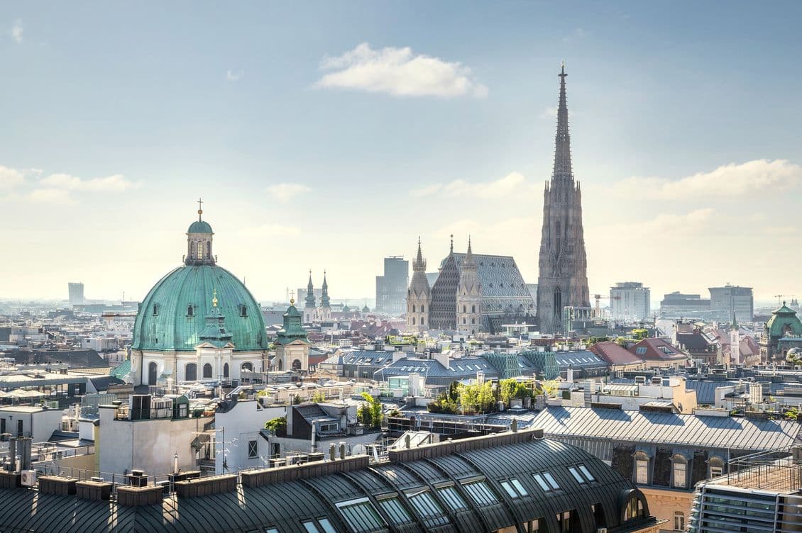 A panoramic view of Vienna's skyline featuring St. Stephen's Cathedral and the green dome of Peterskirche under a clear blue sky.