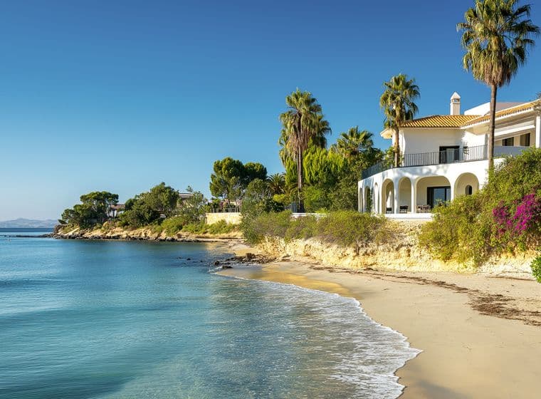 Ground-level view of a white Mediterranean-style villa with arched porticos and balconies, positioned on a rocky coastline. The property features tall palm trees and colorful bougainvillea gardens, overlooking a secluded sandy beach with gentle waves from turquoise waters.