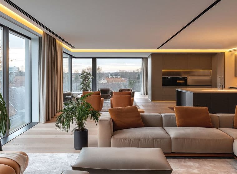 Luxurious penthouse living space featuring floor-to-ceiling windows, a grey L-shaped sofa, tan leather armchairs, and an open-plan kitchen. The room is decorated with indoor plants and illuminated by warm LED ceiling lights, showcasing a contemporary design with neutral colors and natural light.