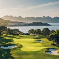 Panoramic view of a golf resort with views of the sea and mountains.