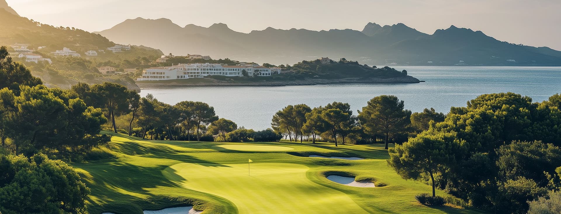 Vista panoràmica d'un resort de golf amb vistes al mar i a les muntanyes.