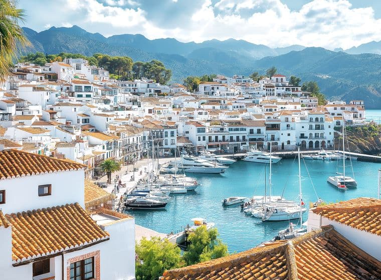 Mediterranean overseas properties in a Mediterranean coastal town with picturesque marina, terracotta roofs and mountain backdrop on the Costa del Sol