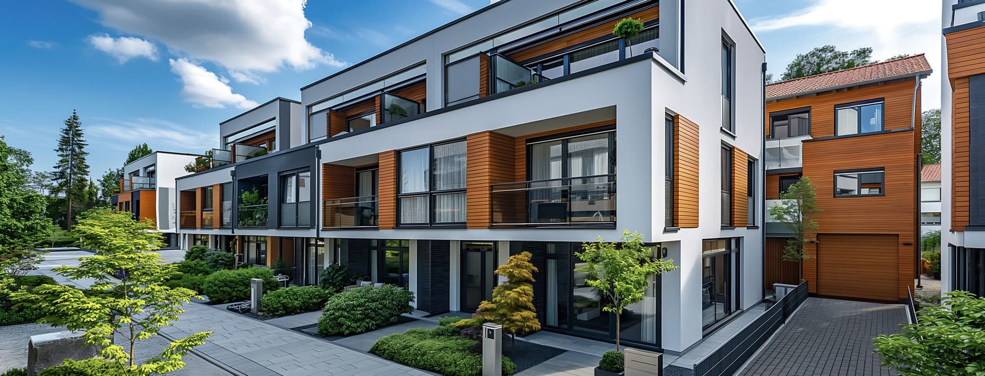 Complexe résidentiel contemporain composé de maisons de ville blanches et boisées à l'architecture angulaire. Les bâtiments présentent des fenêtres allant du sol au plafond, des balcons privés et des toits plats, complétés par des jardins paysagers professionnels et des allées pavées géométriques sous un ciel d'un bleu éclatant.