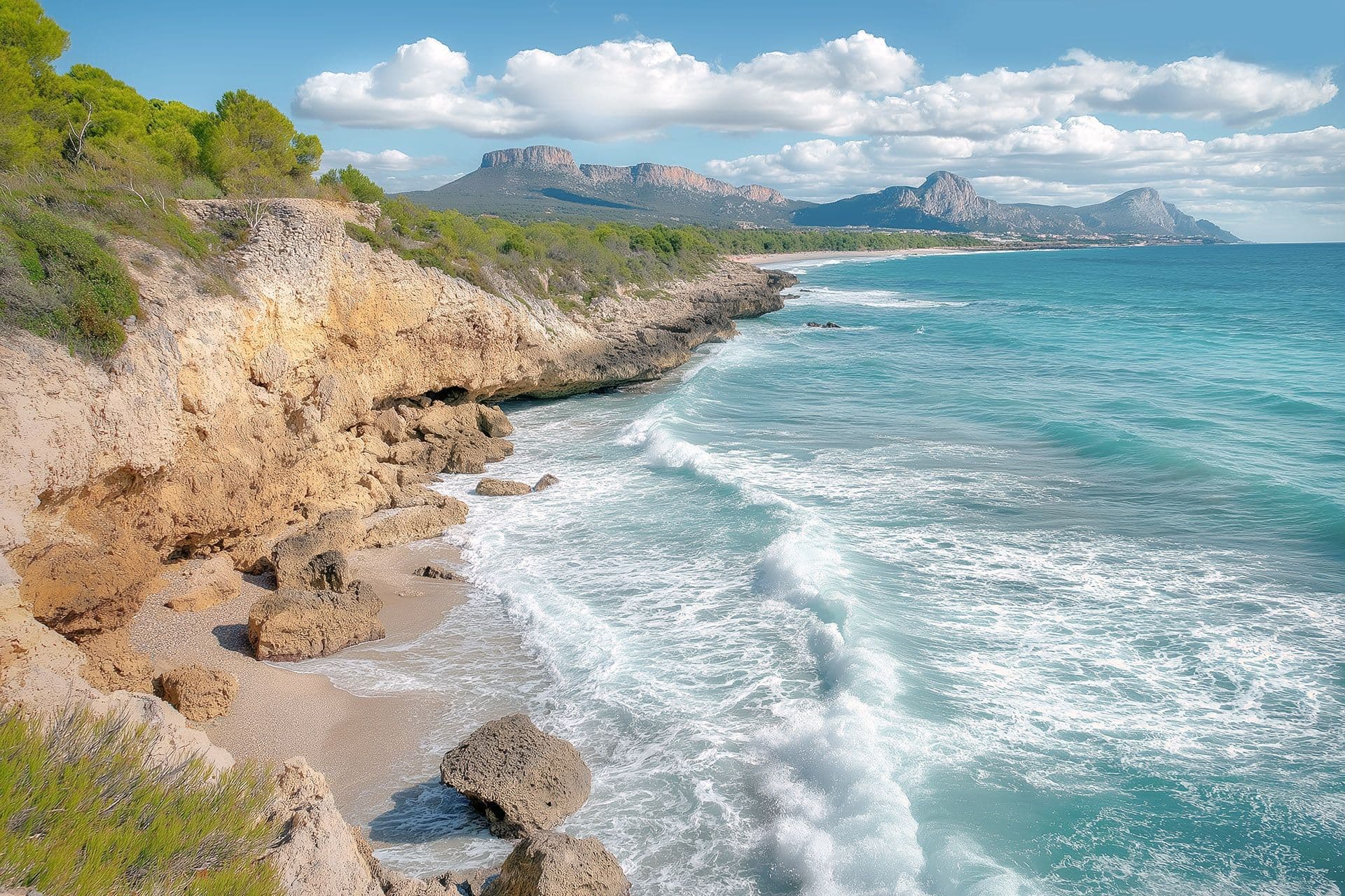 Costa escarpada con acantilados de piedra caliza y pequeñas calas de arena, olas turquesas rompiendo sobre las rocas, cordillera de montañas de cumbre plana en el fondo.