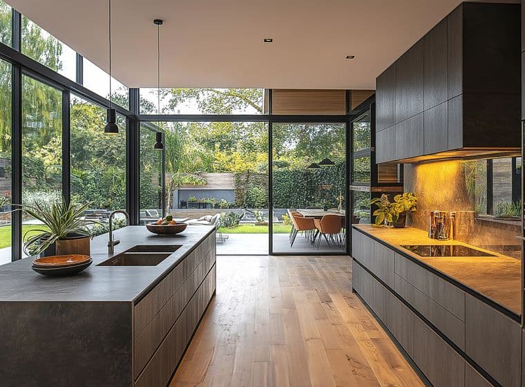 Modern kitchen with dark wood cabinets, stone countertops, and floor-to-ceiling windows overlooking a lush green backyard.