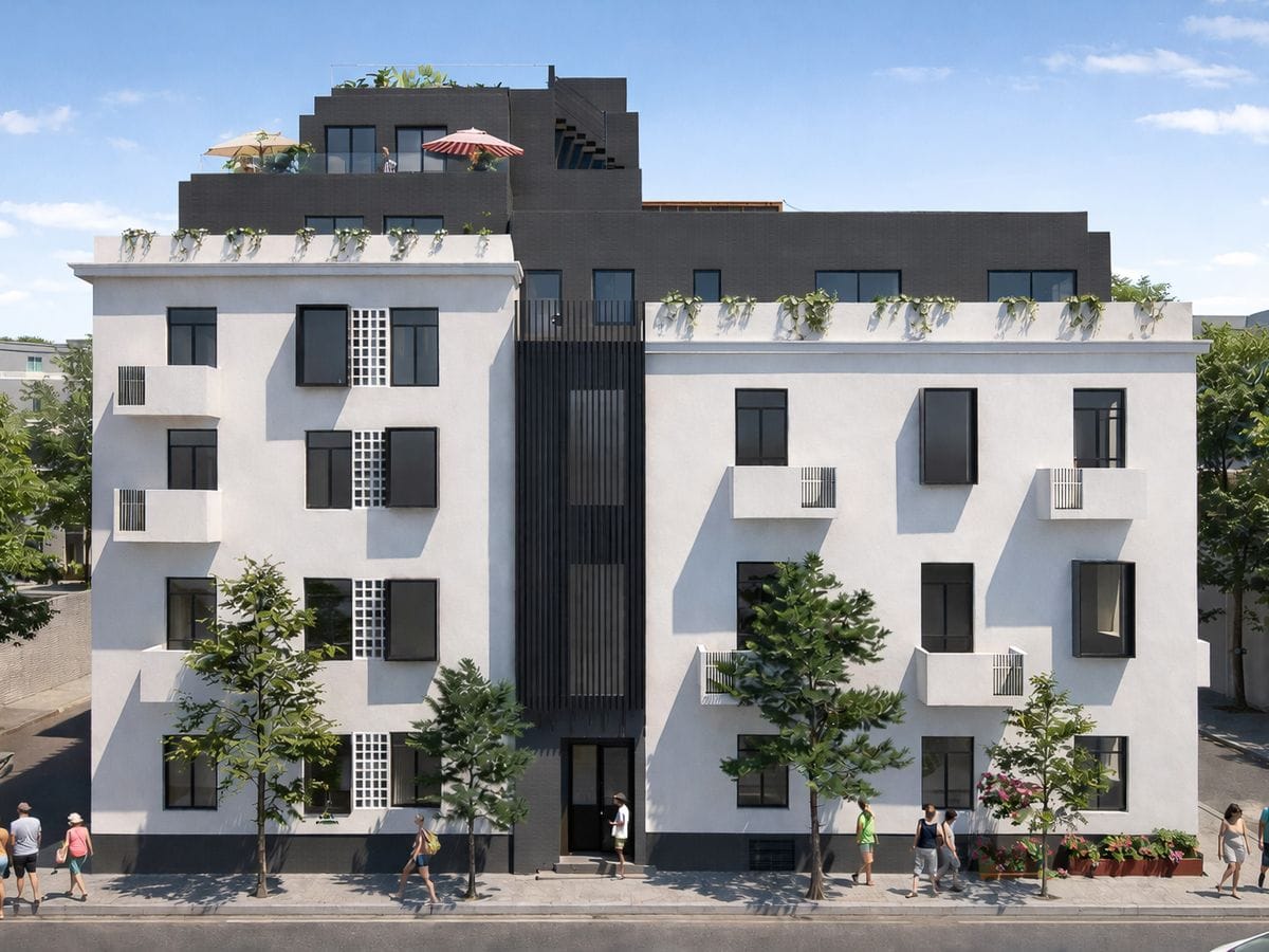 Modern white and dark-gray apartment building with staggered balconies, rooftop terraces and pedestrians walking on the tree-lined sidewalk.