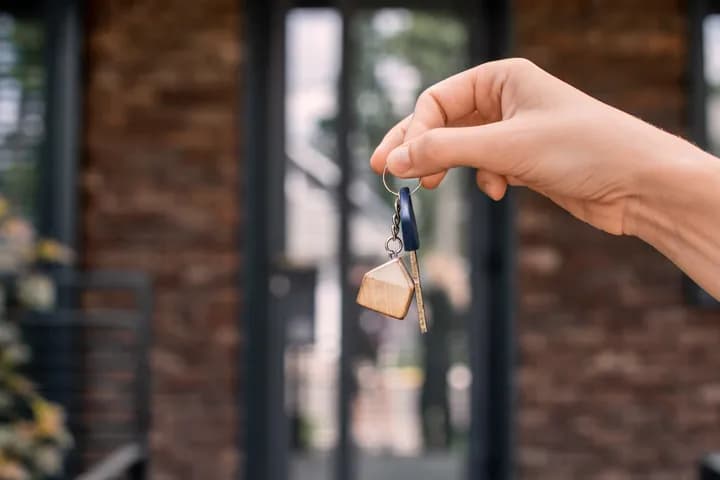 Hand holding a key with a house-shaped keychain in front of a brick building entrance.