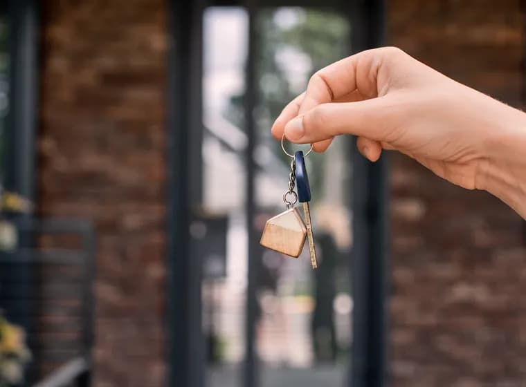 Hand holding a key with a house-shaped keychain in front of a brick building entrance.