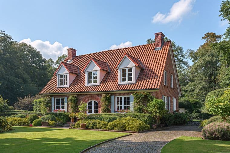 Bakstenen huis met een rood pannendak, witte ramen en een verzorgd groen gazon en een tuin.