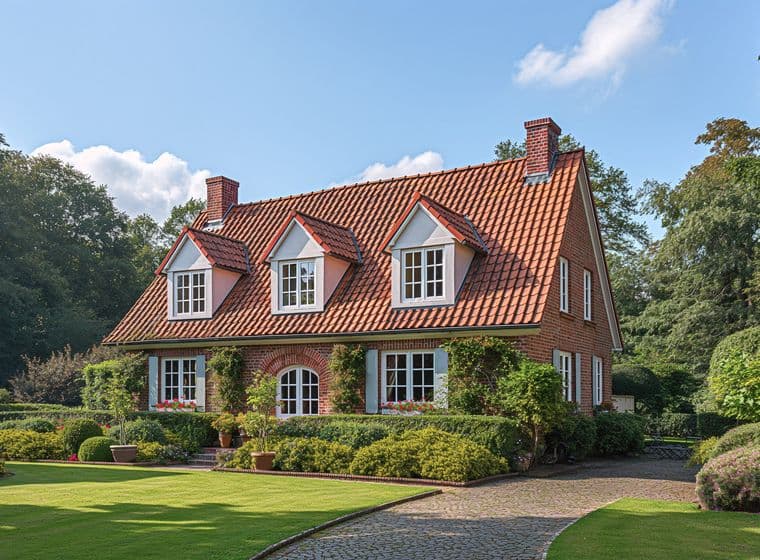 Bakstenen huis met een rood pannendak, witte ramen en een verzorgd groen gazon en een tuin.