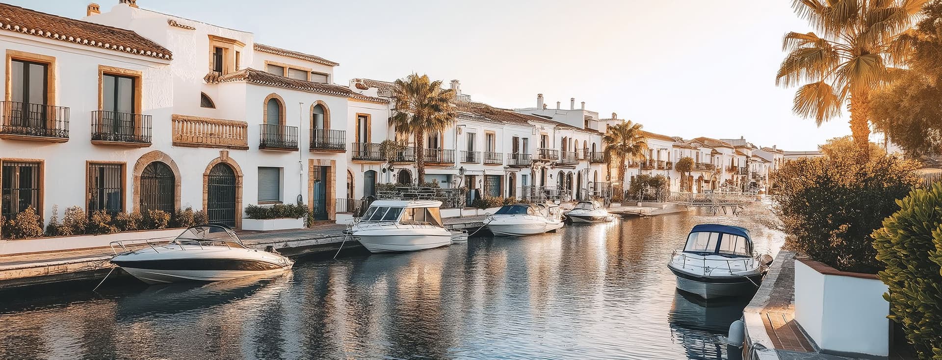 Kanal gesäumt von weißen Häusern im italienischen Stil mit schmiedeeisernen Balkonen und Terrakotta-Dächern, Luxusboote liegen am Ufer fest
