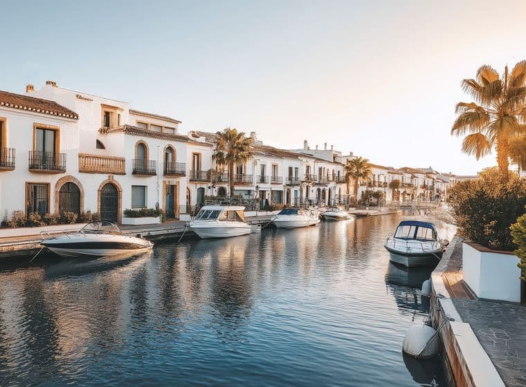 Canal vorejat de cases d’estil espanyol amb balcons de ferro forjat i teulades de terracota, vaixells de luxe amarrats al llarg del passeig marítim.