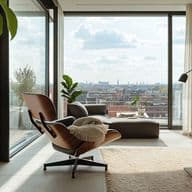 Modern penthouse interior featuring a designer lounge chair with throw blanket facing floor-to-ceiling windows overlooking a cityscape. The space includes houseplants, cream curtains, and a cream area rug, creating a bright, minimalist reading nook with natural light.