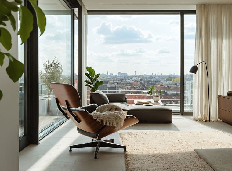 Modern penthouse interior featuring a designer lounge chair with throw blanket facing floor-to-ceiling windows overlooking a cityscape. The space includes houseplants, cream curtains, and a cream area rug, creating a bright, minimalist reading nook with natural light.
