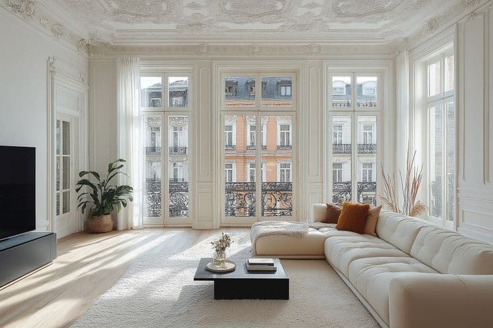 Elegant living room in a period building featuring elaborate stucco ceiling, tall French windows with city views, a modern white L-shaped sofa, black coffee table, flat-screen TV, cream carpet, and decorative plants creating a blend of classical and contemporary design
