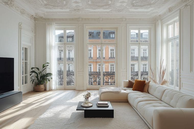 Elegant living room in a period building featuring elaborate stucco ceiling, tall French windows with city views, a modern white L-shaped sofa, black coffee table, flat-screen TV, cream carpet, and decorative plants creating a blend of classical and contemporary design