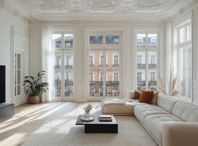 Elegant living room in a period building featuring elaborate stucco ceiling, tall French windows with city views, a modern white L-shaped sofa, black coffee table, flat-screen TV, cream carpet, and decorative plants creating a blend of classical and contemporary design