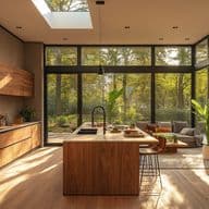 A modern kitchen with wood cabinets, island, and floor-to-ceiling windows overlooking a lush green forest.