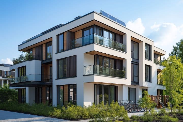 Modern white apartment building with clean geometric design featuring floor-to-ceiling windows, glass-railed balconies, wood accent elements, landscaped grounds with mature trees, and bicycle parking area under blue sky with white clouds