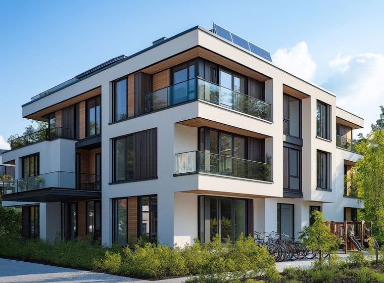 Modern white apartment building with clean geometric design featuring floor-to-ceiling windows, glass-railed balconies, wood accent elements, landscaped grounds with mature trees, and bicycle parking area under blue sky with white clouds