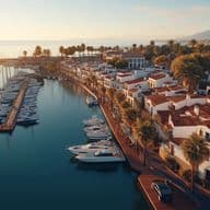 Luftaufnahme eines Yachthafens mit weißen mediterranen Gebäuden, Palmen und einem Holzsteg, gesäumt von Luxusyachten im goldenen Abendlicht