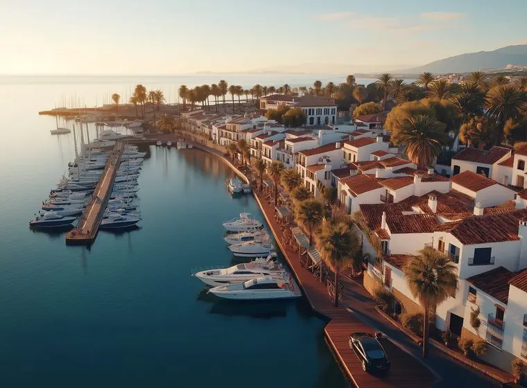 Aerial view of a marina with white Mediterranean buildings, palm trees, and wooden boardwalk, lined with luxury yachts in golden evening light