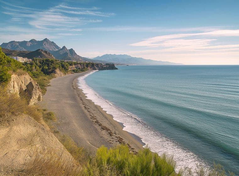 Platja de sorra corbada al llarg de la costa mediterrània, amb penya-segats, vegetació autòctona i una serralada muntanyosa perfilada a la distància.