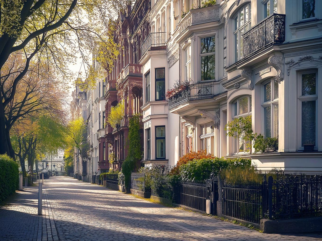 Een met bomen omzoomde straat met sierlijke, meerlaagse herenhuizen in witte en rode tinten. Balkons en smeedijzeren hekken voegen architectonisch detail toe.