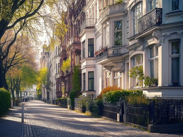 Elegant street view of historic townhouses featuring ornate facades and wrought iron balconies, lined with mature trees casting dappled sunlight on the cobblestone sidewalk. The autumn scene shows decorative front gardens and classical architectural details in soft morning light.
