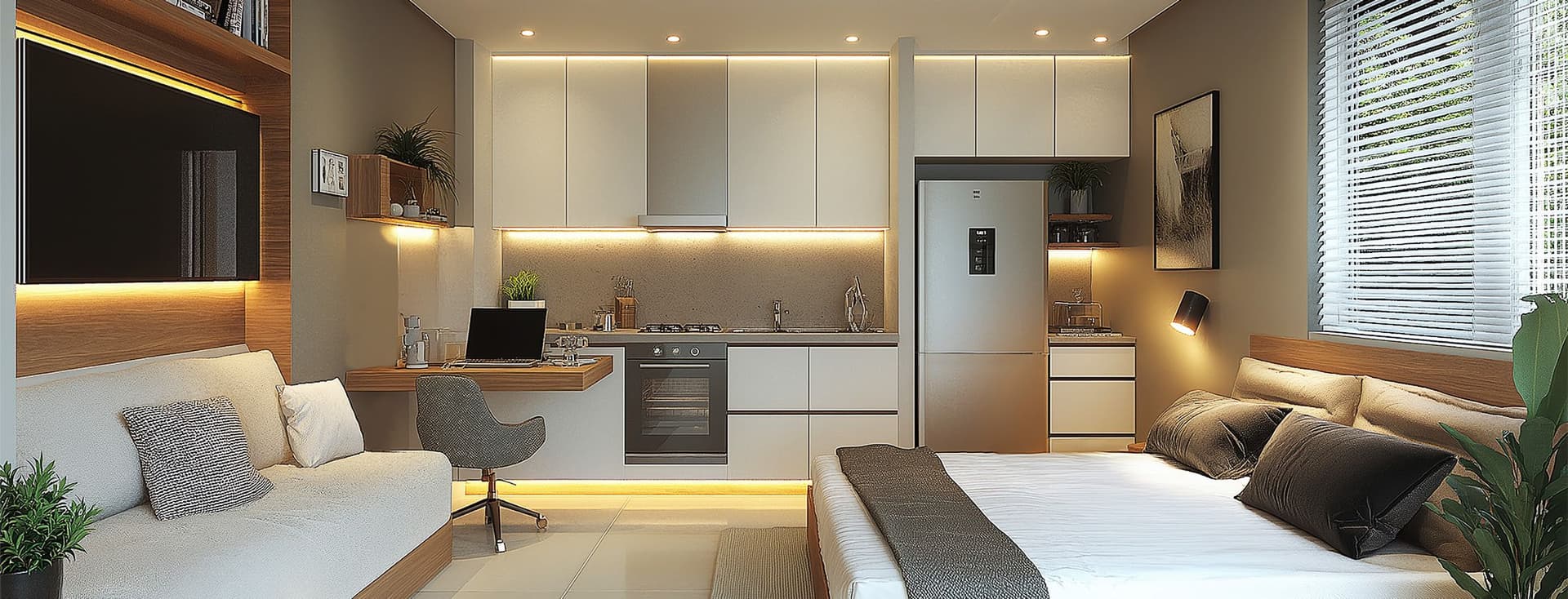 Contemporary studio apartment featuring an integrated living and sleeping area with a white kitchen. The space includes a platform bed with gray accents, built-in storage, ambient LED lighting, white kitchen cabinets, modern appliances, and indoor plants. The design maximizes space efficiency with a minimalist white and wood color scheme.