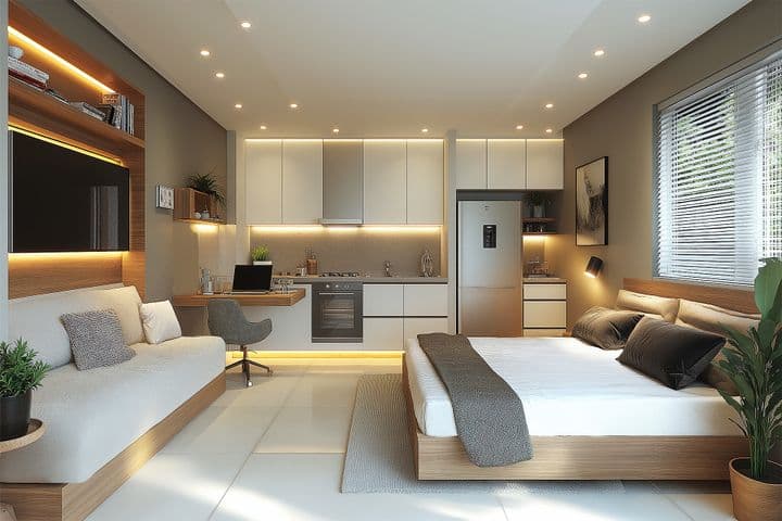 Contemporary studio apartment featuring an integrated living and sleeping area with a white kitchen. The space includes a platform bed with gray accents, built-in storage, ambient LED lighting, white kitchen cabinets, modern appliances, and indoor plants. The design maximizes space efficiency with a minimalist white and wood color scheme.