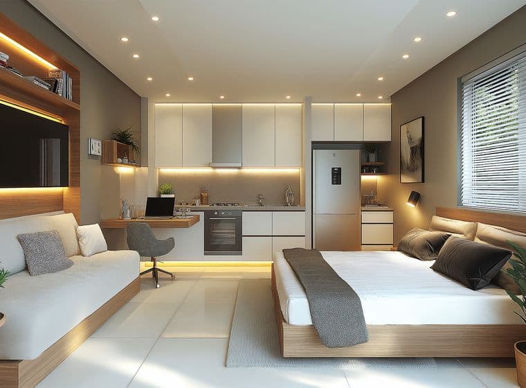 Contemporary studio apartment featuring an integrated living and sleeping area with a white kitchen. The space includes a platform bed with gray accents, built-in storage, ambient LED lighting, white kitchen cabinets, modern appliances, and indoor plants. The design maximizes space efficiency with a minimalist white and wood color scheme.