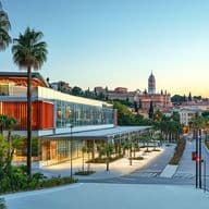 Universitat a l'esquerra amb palmeres, un carrer al mig, i en l'horitzó es veu el centre de la ciutat espanyola.