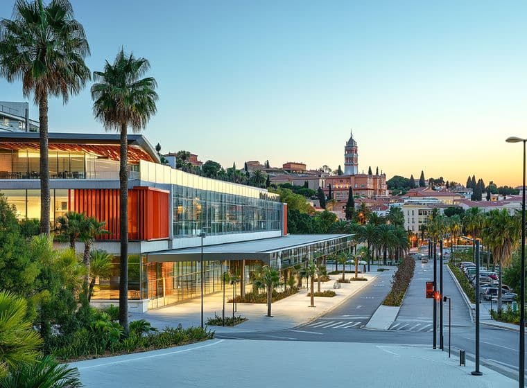 Universitat a l'esquerra amb palmeres, un carrer al mig, i en l'horitzó es veu el centre de la ciutat espanyola.