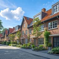 Row of traditional red brick townhouses along a paved pedestrian street, featuring modern dormer windows, terracotta tiled roofs, and meticulously maintained front gardens with greenery and flowers. The architecture combines classic brick construction with contemporary design elements under a bright blue summer sky.