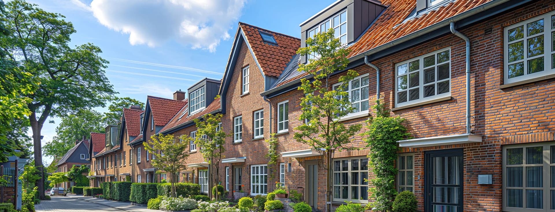 Row of traditional red brick townhouses along a paved pedestrian street, featuring modern dormer windows, terracotta tiled roofs, and meticulously maintained front gardens with greenery and flowers. The architecture combines classic brick construction with contemporary design elements under a bright blue summer sky.