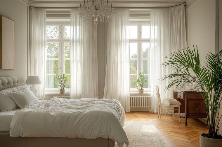 Elegant white bedroom featuring tall windows with sheer curtains, a crystal chandelier, and white bedding. The room includes antique wooden furniture, palm plants, and herringbone wooden flooring, all bathed in natural light creating an airy, sophisticated atmosphere.