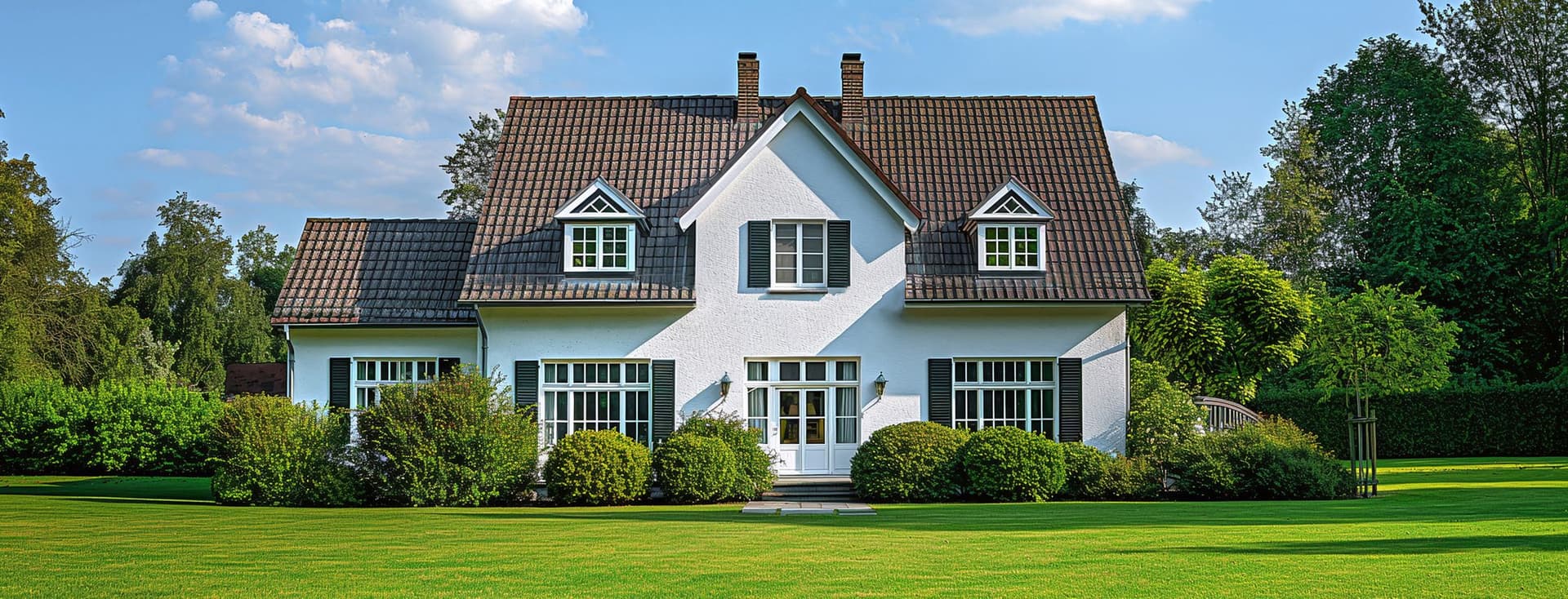 Traditional white country house with brown tiled roof, featuring symmetrical dormer windows, multi-pane windows with green shutters, and a spacious, well-maintained lawn surrounded by ornamental shrubs. The property is framed by mature trees under a bright blue summer sky.