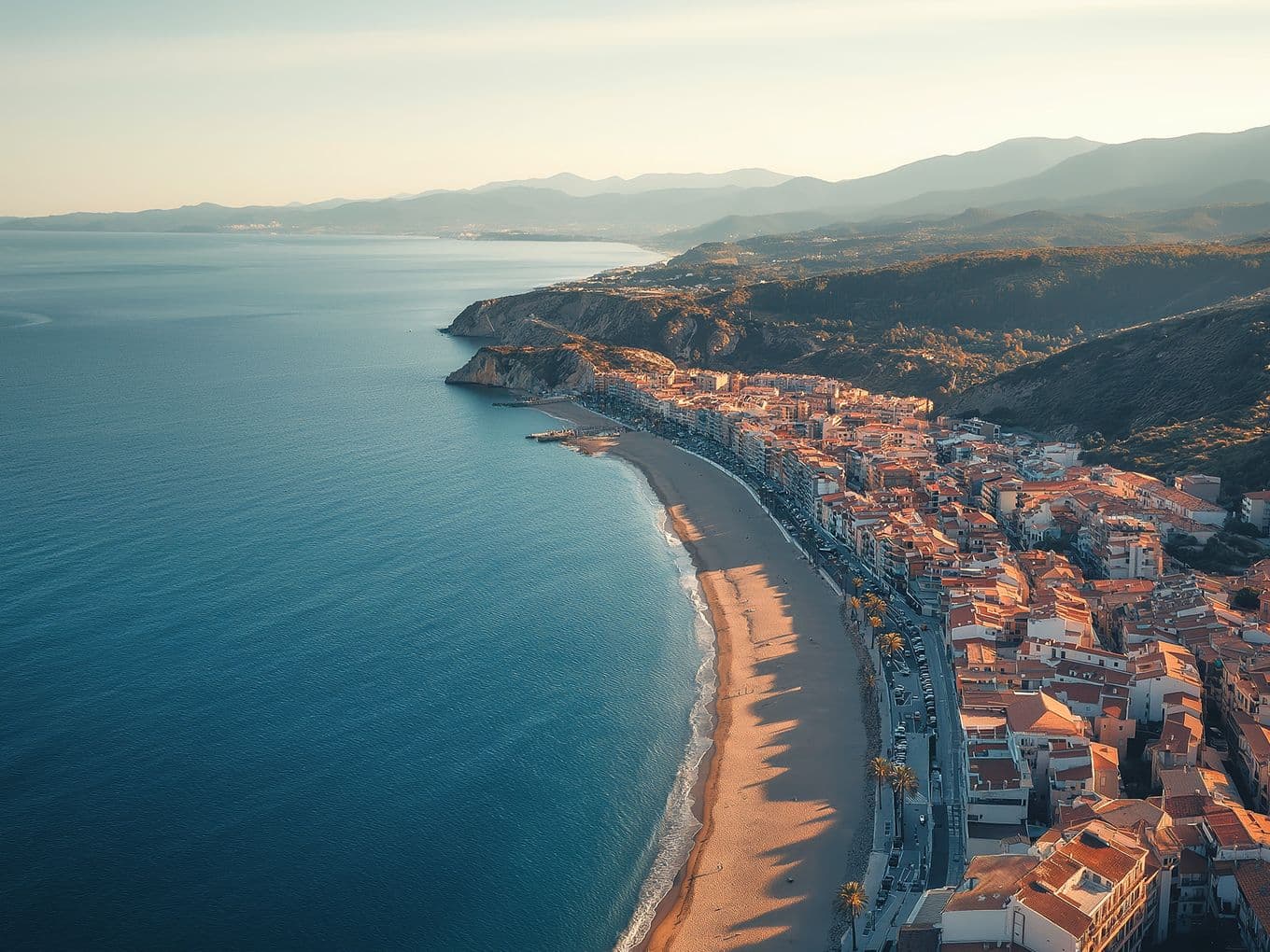 Aerial view of a Mediterranean coastal town with dense terracotta-roofed buildings along a curved beach, dramatic cliffs and mountains in background