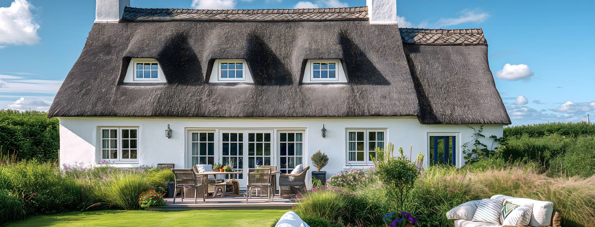 Elegant white cottage with a traditional thatched roof featuring dormer windows, surrounded by a landscaped garden with ornamental grasses. The outdoor space includes two seating areas with wicker furniture and cushions on a manicured lawn, creating a perfect blend of classic architecture and contemporary outdoor living.