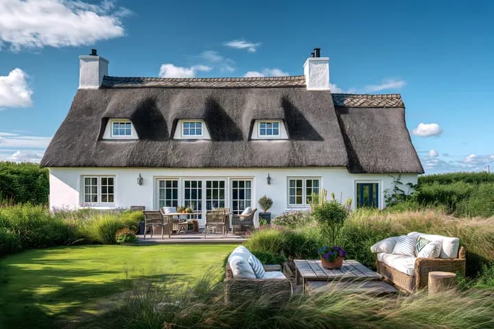 Elegant white cottage with a traditional thatched roof featuring dormer windows, surrounded by a landscaped garden with ornamental grasses. The outdoor space includes two seating areas with wicker furniture and cushions on a manicured lawn, creating a perfect blend of classic architecture and contemporary outdoor living.
