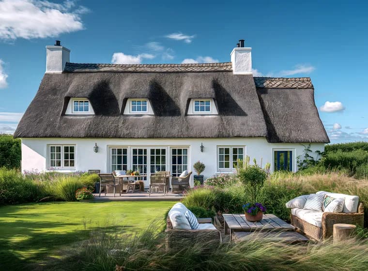 Elegant white cottage with a traditional thatched roof featuring dormer windows, surrounded by a landscaped garden with ornamental grasses. The outdoor space includes two seating areas with wicker furniture and cushions on a manicured lawn, creating a perfect blend of classic architecture and contemporary outdoor living.