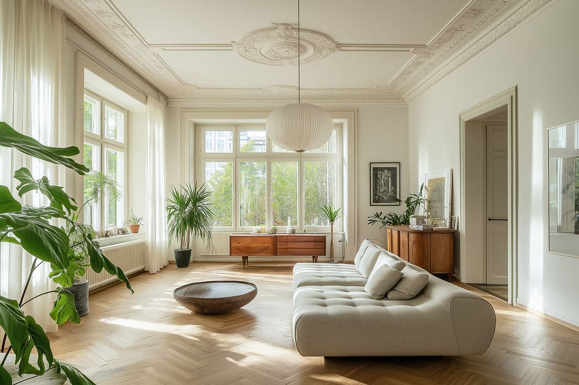Bright living room in a historic building featuring ornate ceiling moldings, large windows, a modern white sectional sofa, vintage wooden sideboards, herringbone parquet flooring, a spherical pendant light, and a variety of tropical plants that create an airy and contemporary living space.
